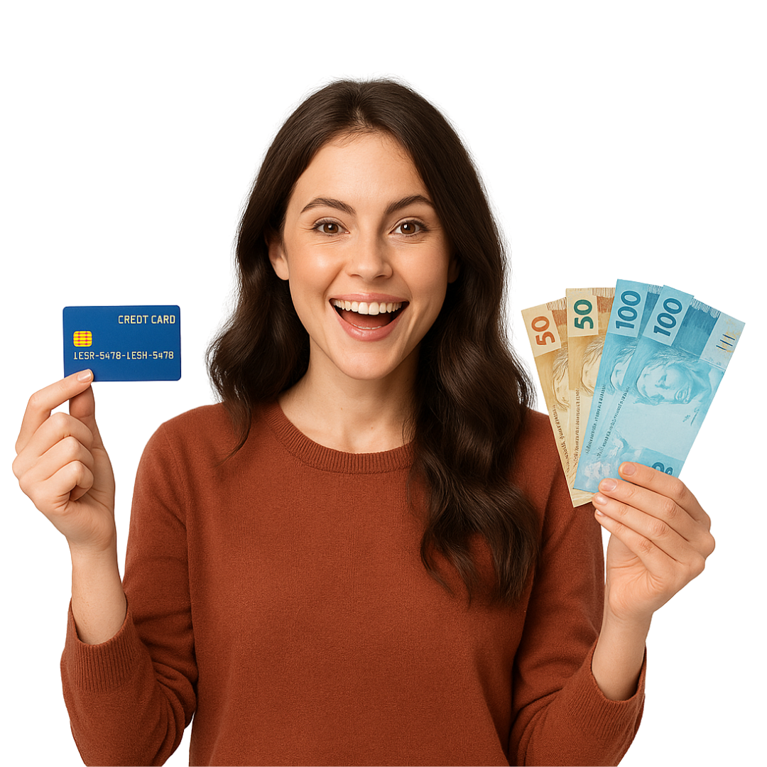 Cliente mostrando cartão e dinheiro